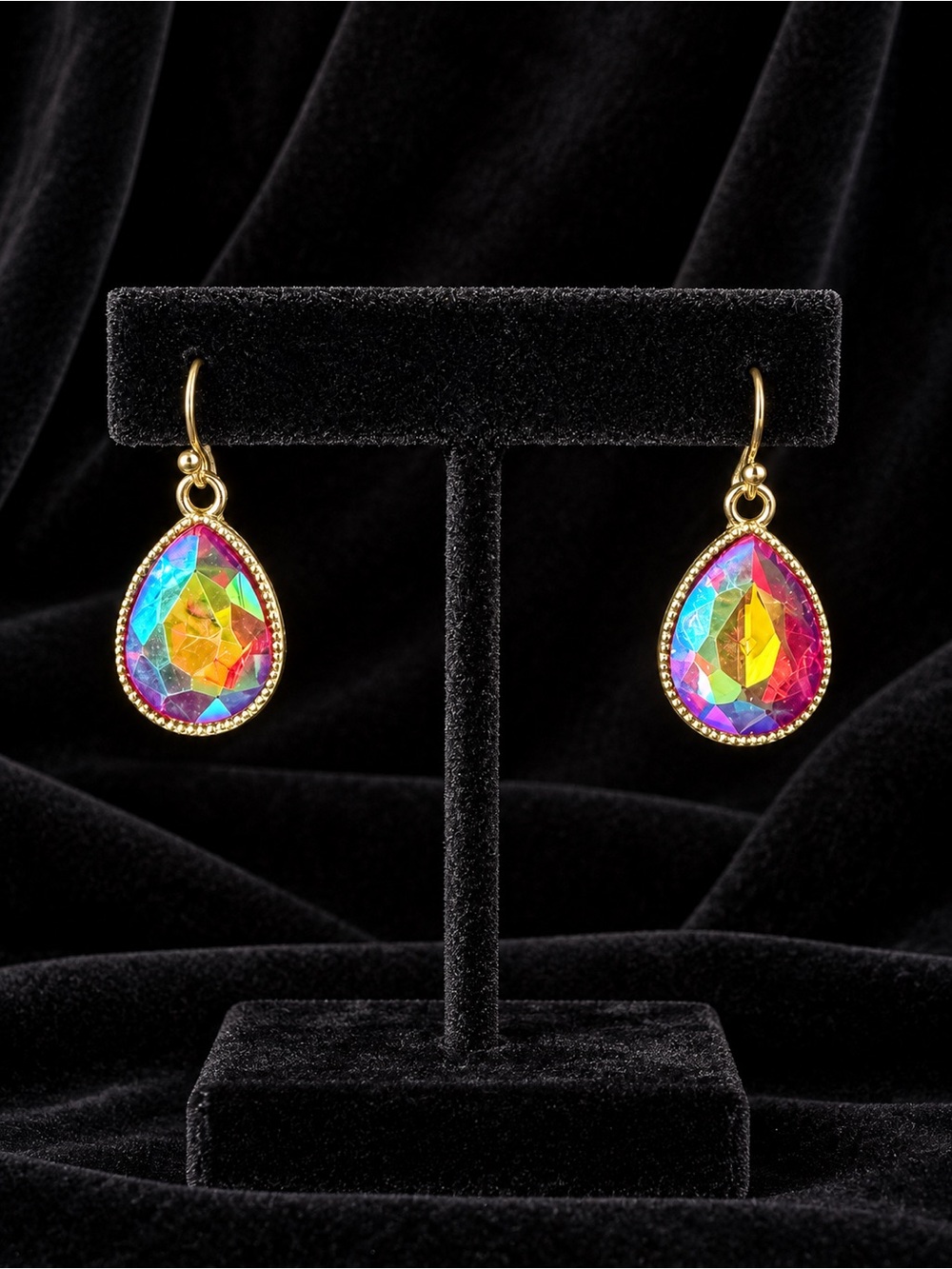 Gold Teardrop Aurora Crystal Drop Earrings with Multicolor Fire and Flash
